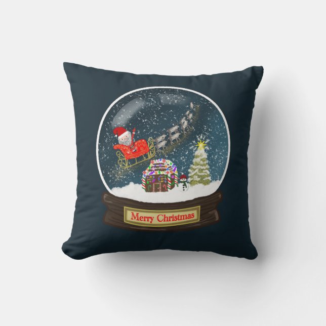 Merry Christmas Santa Sleigh Reindeer Snow Globe Cushion (Front)