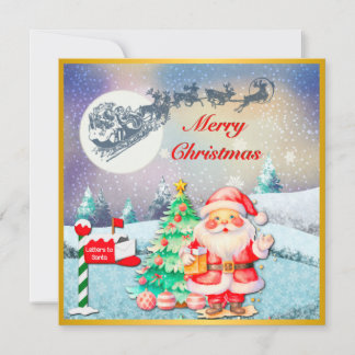 Merry Christmas Santa, Sleigh, Reindeer, Snowflake Card