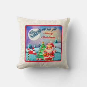 Merry Christmas Santa, Sleigh, Reindeer, Snowflake Cushion