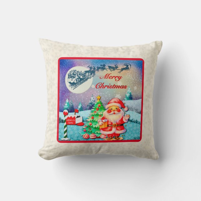 Merry Christmas Santa, Sleigh, Reindeer, Snowflake Cushion (Front)
