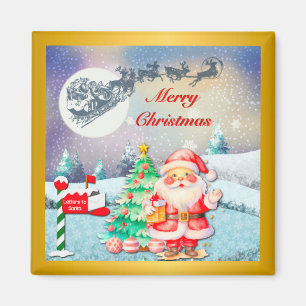 Merry Christmas Santa, Sleigh, Reindeer, Snowflake Magnet