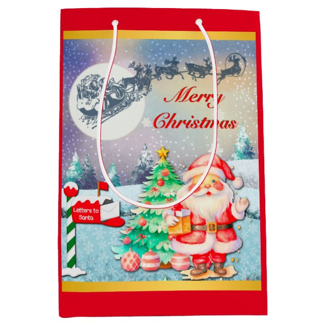 Merry Christmas Santa, Sleigh, Reindeer, Snowflake Medium Gift Bag (Front)