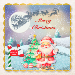 Merry Christmas Santa, Sleigh, Reindeer, Snowflake Paper Coaster