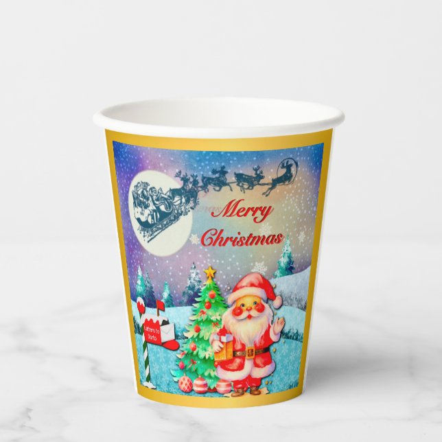 Merry Christmas Santa, Sleigh, Reindeer, Snowflake Paper Cups (Front)