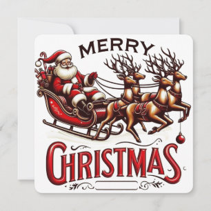 Merry Christmas Santa Sleigh & Reindeer Vintage Invitation