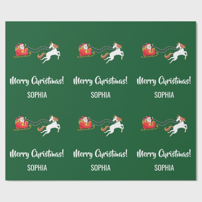 Merry Christmas Santa Sleigh Unicorn Personalised Wrapping Paper (Flat)