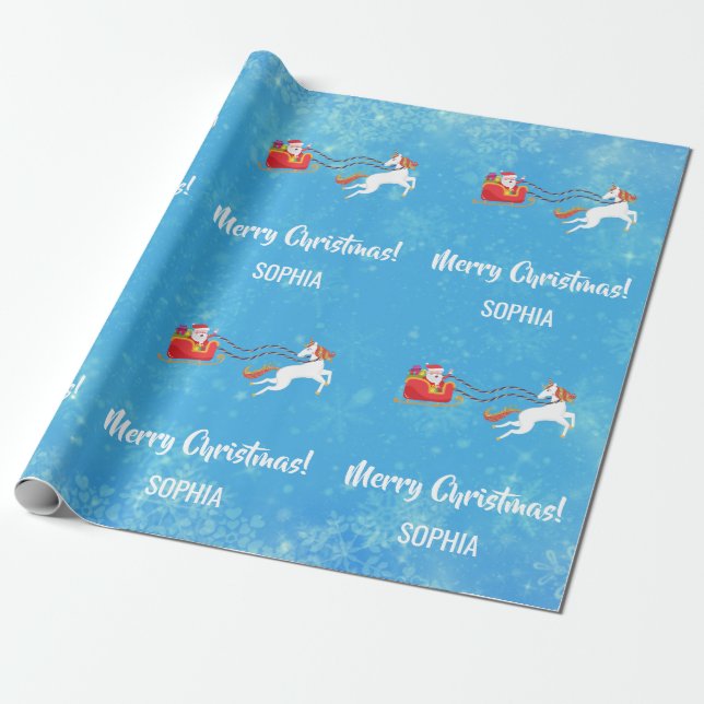 Merry Christmas Santa Sleigh Unicorn Personalised Wrapping Paper (Unrolled)