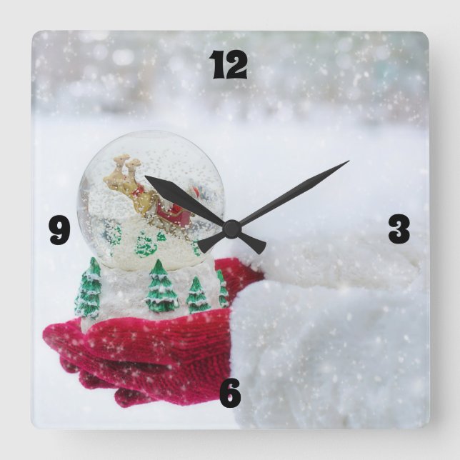 Merry Christmas & Santa Snow Globe Square Wall Clock (Front)