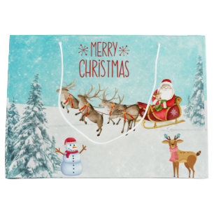 Merry Christmas Santa, Snowman, Reindeer, Forest  Large Gift Bag