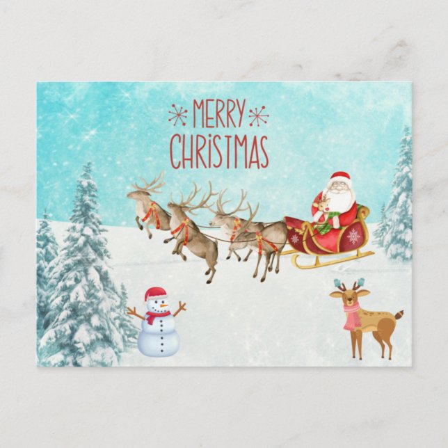 Merry Christmas Santa, Snowman, Reindeer, Forest Postcard (Front)