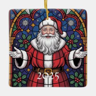 Merry Christmas Santa Stained Glass Design Ceramic Ornament