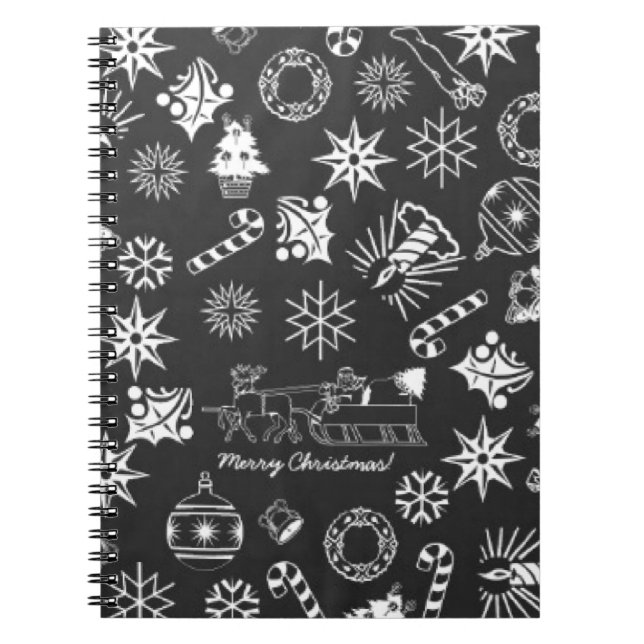 Merry Christmas Santa Symbols, Black and White Notebook (Front)