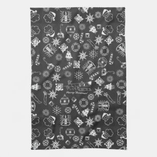 Merry Christmas Santa Symbols, Black and White Tea Towel