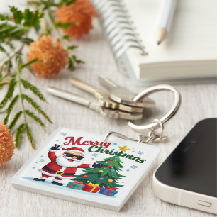 Merry Christmas Santa & Tree Design Key Ring