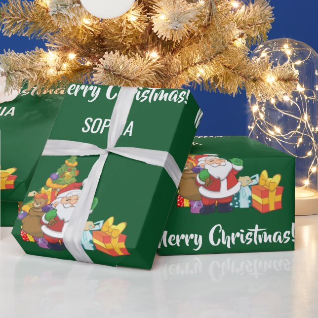 Merry Christmas Santa Tree Gifts Personalise Name Wrapping Paper (Holidays)