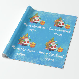 Merry Christmas Santa Tree Gifts Personalise Name Wrapping Paper