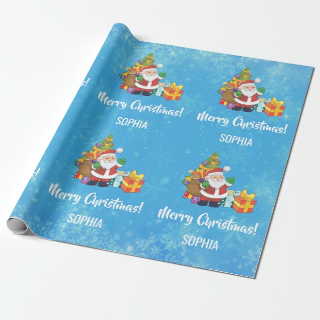 Merry Christmas Santa Tree Gifts Personalise Name Wrapping Paper (Unrolled)