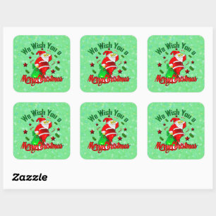 Merry Christmas Santa with Sack Stars Cane Paper Square Sticker