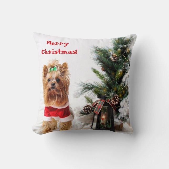 Merry Christmas Santa Yorkie with Christmas Tree Cushion (Front)