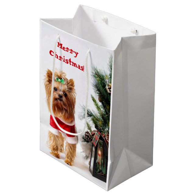 Merry Christmas Santa Yorkie with Christmas Tree Medium Gift Bag (Front Angled)