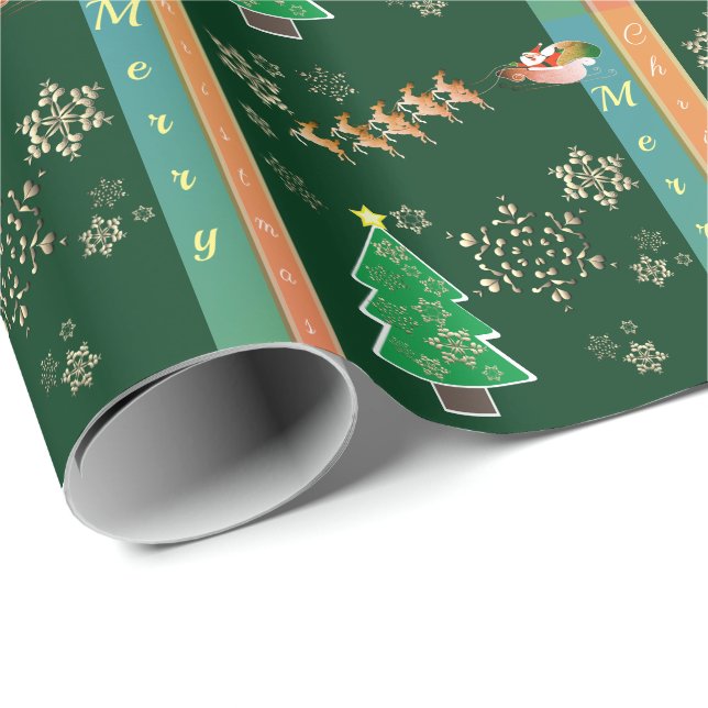 "Merry Christmas" Santa's Reindeer & Snowflakes  Wrapping Paper (Roll Corner)