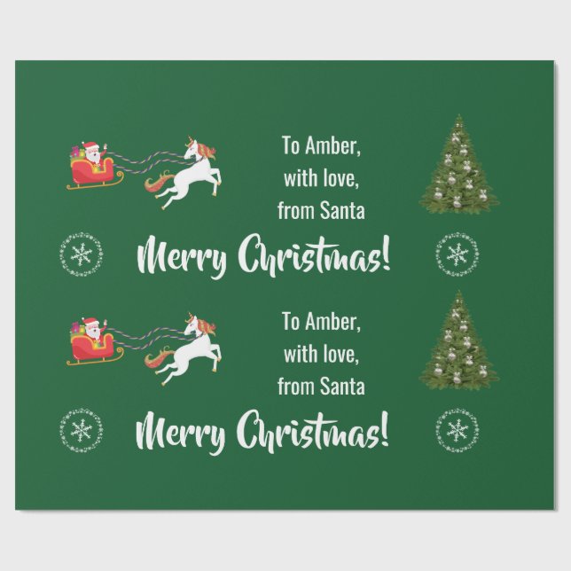 Merry Christmas Santa's Sleigh Unicorn Personalise Wrapping Paper (Flat)