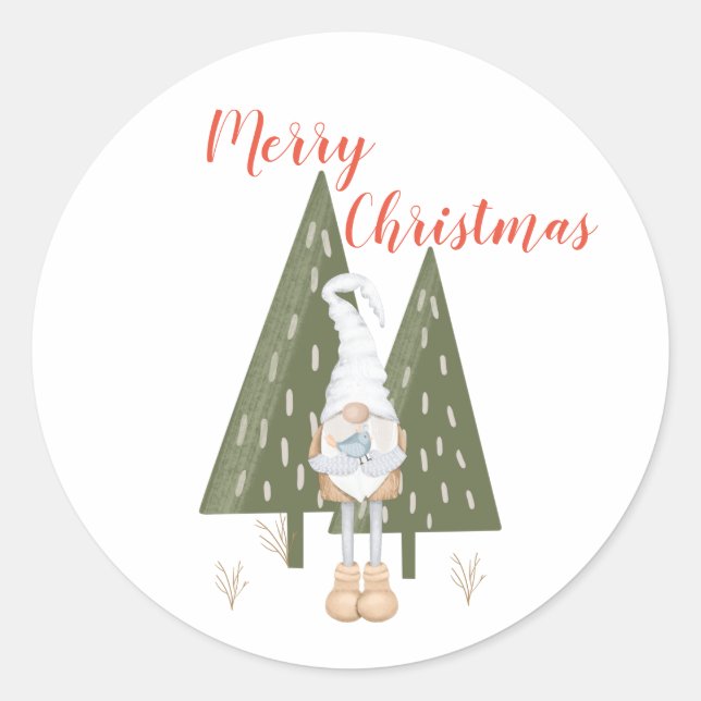 Merry Christmas Scandinavian Gnome Trees Classic Round Sticker (Front)