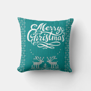 Merry Christmas Scandinavian Knitted Reindeer Teal Cushion