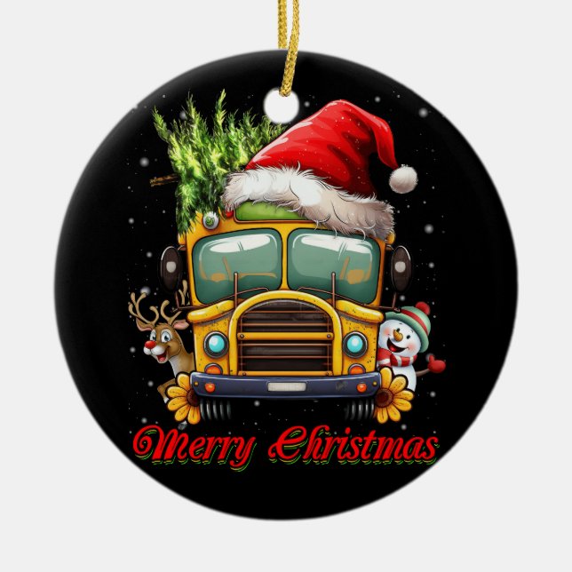 Merry Christmas School Bus Driver X-mas Snowman Re Ceramic Ornament (Front)