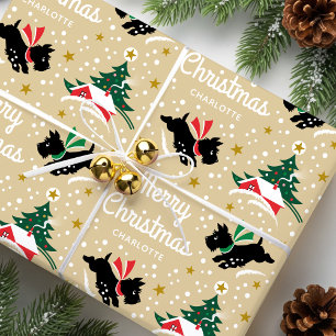 Merry Christmas Scottie Dog Snow Fun Name Gold Wrapping Paper