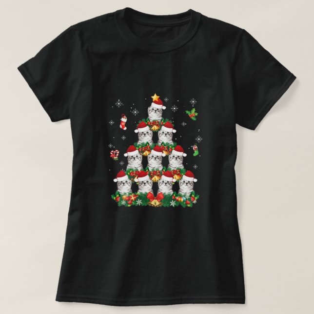 Merry Christmas Scottish Fold Cat Santa Tree Pajam T-Shirt (Design Front)