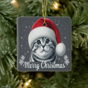 Merry Christmas Scottish Fold Cat, Xmas Santa Cat Ceramic Ornament