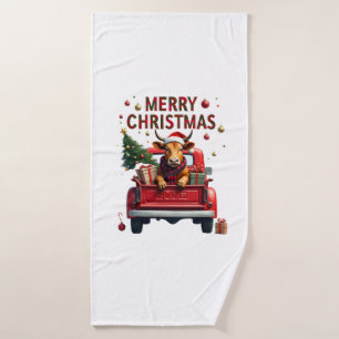 Merry Christmas Scottish Highland Cow Xmas Farm An Bath Towel