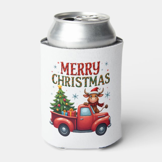 Merry Christmas Scottish Highland Cow Xmas Farm An Can Cooler (Can Front)