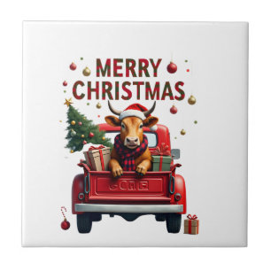 Merry Christmas Scottish Highland Cow Xmas Farm An Ceramic Tile