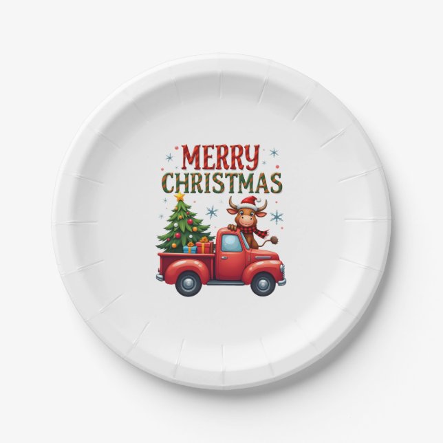 Merry Christmas Scottish Highland Cow Xmas Farm An Paper Plate (Front)