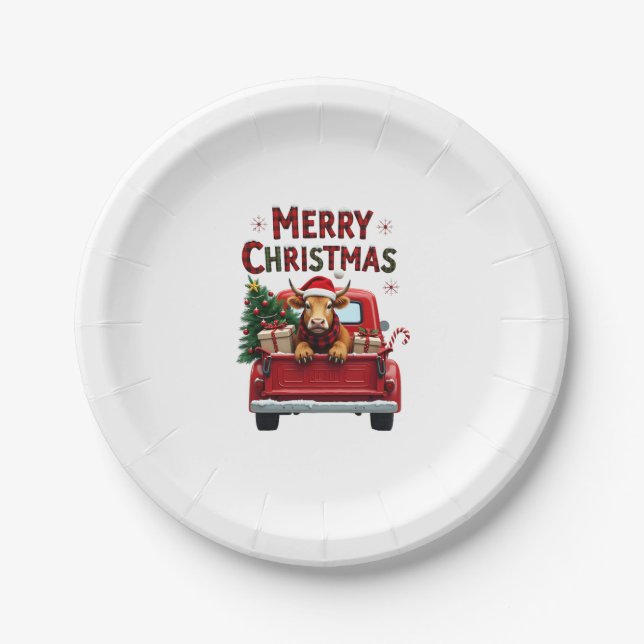 Merry Christmas Scottish Highland Cow Xmas Farm An Paper Plate (Front)