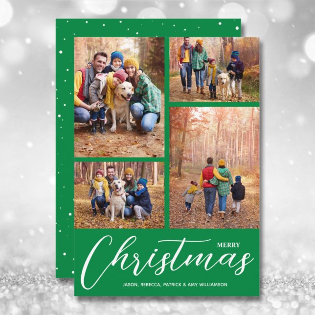 Merry Christmas Script 4 Collage Multi-Photo Green Holiday Card (Creator Uploaded)