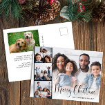 Merry Christmas Script 5 Photo Holiday Postcard<br><div class="desc">Modern holiday postcard card featuring your photo overlayed with a film-like strip of three square photos,  "Merry Christmas" in a festive script and your name in simple typography. Add a 5th photo and your customised seasonal message on the back.</div>