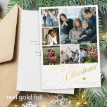 Merry Christmas script 6 photo collage family Foil Holiday Card<br><div class="desc">Elegant luxury Merry Christmas real gold foil classic calligraphy script six family photos simple white holiday card with your custom personalised text on both sides. PLEASE NOTE that the background colour is editable. You can change it after selecting CUSTOMIZE option down below the PERSONALIZE IT menu. If you don't feel...</div>