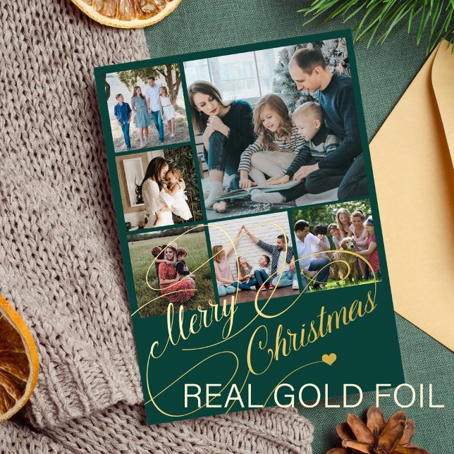 Merry Christmas script 6 photo collage family Foil Holiday Card (Creator Uploaded)