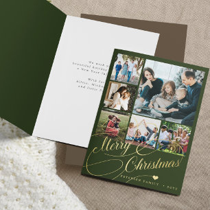 Merry Christmas script 6 photo collage green Holiday Card