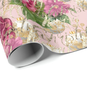 Merry Christmas Script Bauble Gold Pink Mint Green Wrapping Paper