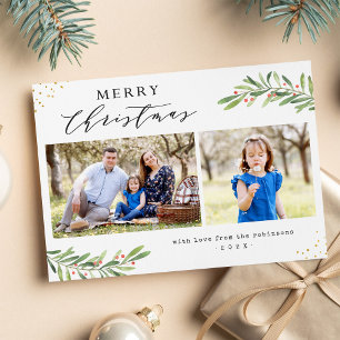 Merry Christmas Script Berries Foliage 2 Photos Holiday Card