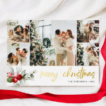 Merry Christmas Script Berry Leaves Photo Collage Foil Holiday Card<br><div class="desc">Embrace the festive spirit with our luxurious personalised Christmas card, designed to capture the warmth and joy of the season. The card takes centre stage with a delightful arrangement of five square-sized photos, each telling a unique story of your family's cherished moments. As your eyes drift below, a delicate watercolor...</div>