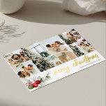 Merry Christmas Script Berry Leaves Photo Collage Foil Holiday Card<br><div class="desc">Embrace the festive spirit with our luxurious personalised Christmas card, designed to capture the warmth and joy of the season. The card takes centre stage with a delightful arrangement of five square-sized photos, each telling a unique story of your family's cherished moments. As your eyes drift below, a delicate watercolor...</div>