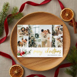 Merry Christmas Script Berry Leaves Photo Collage Foil Holiday Card<br><div class="desc">Embrace the festive spirit with our luxurious personalised Christmas card, designed to capture the warmth and joy of the season. The card takes centre stage with a delightful arrangement of five square-sized photos, each telling a unique story of your family's cherished moments. As your eyes drift below, a delicate watercolor...</div>