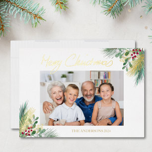 Merry Christmas Script Berry Leaves Photo Foil Holiday Card