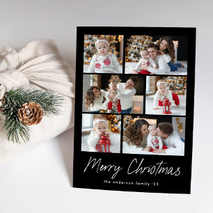 Merry Christmas Script Black 6 Photo Collage Holiday Card