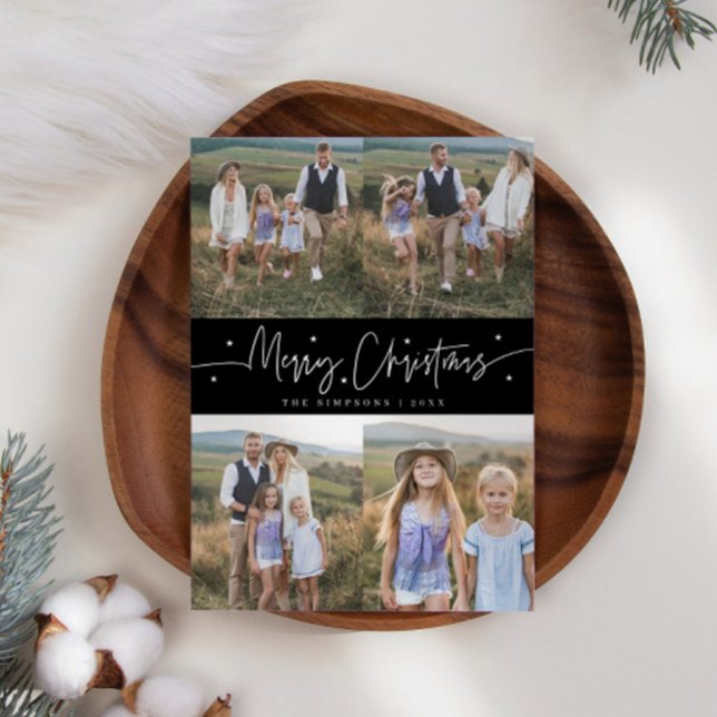 Merry Christmas Script Black Multi Photo Holiday Card (Creator Uploaded)